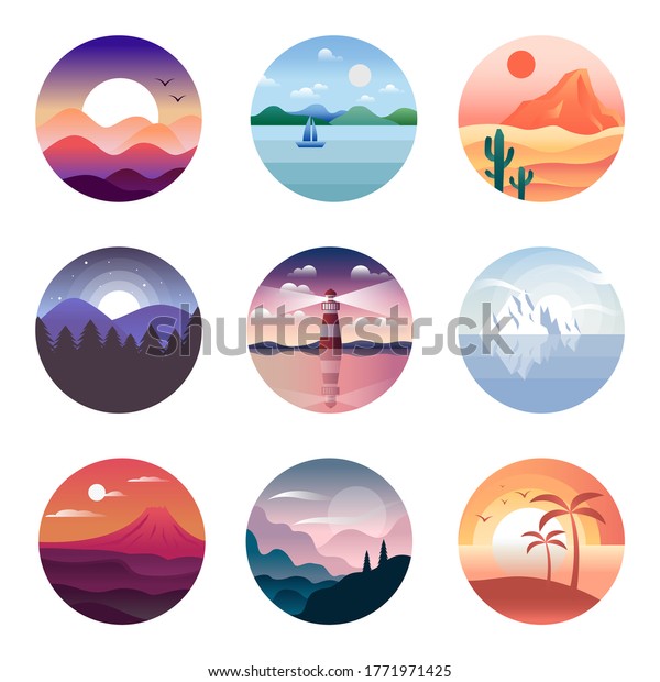 Set vector landscapes minimalistic flat style