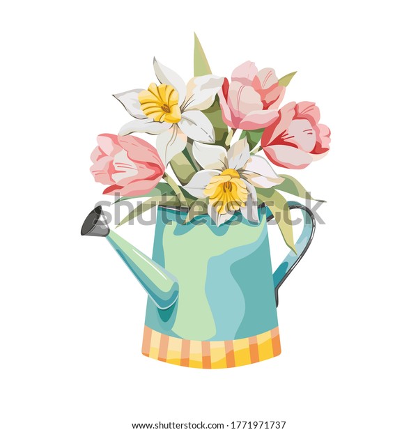 Beautiful bouquet three tulips two narcissus