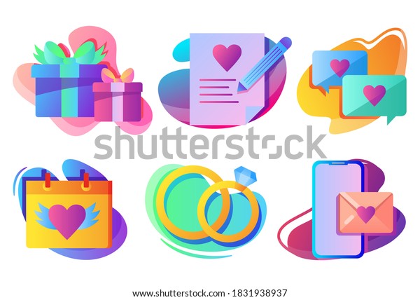 Set icons love gift box message