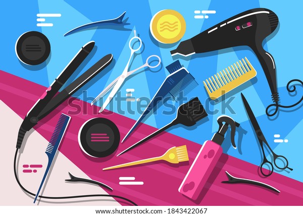 Colorful cartoon hairdresser tools concept decoration